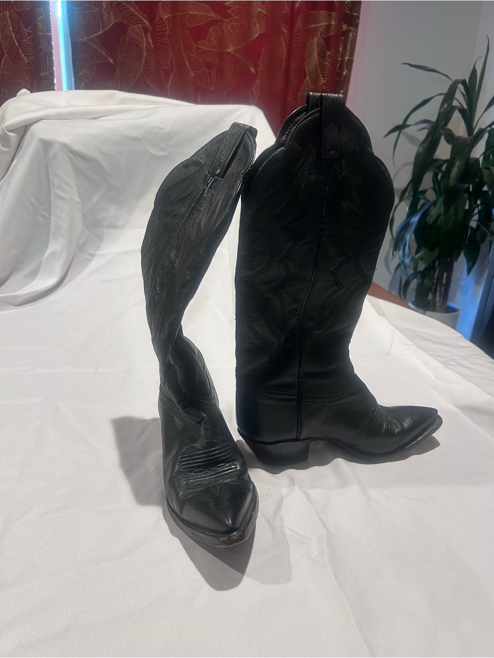 Tony Lama Black Leather Western Knee-High Cowboy Boots
